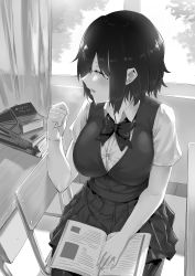 Rule 34 | 1girl, absurdres, black thighhighs, blush, book, book stack, bow, classroom, clenched hand, closed eyes, collared shirt, curtains, dawalixi, desk, dress shirt, greyscale, highres, indoors, mole, mole under eye, monochrome, open book, open mouth, original, pleated skirt, school desk, shirt, short hair, short sleeves, sitting, skirt, thighhighs, vest, white shirt, window