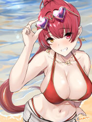 Rule 34 | 1girl, :d, bare shoulders, bikini, blush, breasts, caruta, cleavage, collarbone, cowboy shot, day, earrings, eyewear on head, grin, heart, heart-shaped eyewear, heart earrings, heterochromia, highres, hololive, houshou marine, houshou marine (summer), jewelry, large breasts, long hair, looking at viewer, navel, necklace, open mouth, outdoors, parted lips, pink eyes, ponytail, purple-tinted eyewear, red bikini, red hair, signature, smile, solo, swimsuit, tinted eyewear, very long hair, virtual youtuber, water, yellow eyes