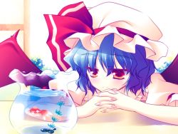 Rule 34 | 1girl, blue hair, fish, gradient background, hat, highres, motomiya mitsuki, non-web source, own hands clasped, own hands together, remilia scarlet, short hair, smile, solo, touhou, wallpaper, wings