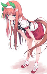 Rule 34 | 1girl, animal ears, aqua eyes, closed mouth, ear covers, full body, gym uniform, hairband, hands on own knees, horse ears, horse girl, horse tail, leaning forward, long hair, looking at viewer, orange hair, red footwear, red shorts, shirt, shorts, silence suzuka (umamusume), simple background, smile, socks, solo, standing, tail, umamusume, white background, white hairband, white shirt, white socks, yumesato makura