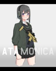Rule 34 | absurdres, artist name, atamonica, blush, clenched hands, cowboy shot, glasses, grey hair, gun, h&amp;k mp7, headset, highres, jacket, letterboxed, military, original, purple eyes, simple background, skirt, submachine gun, tongue, tongue out, weapon