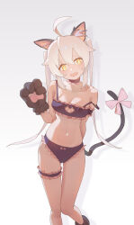 Rule 34 | 1girl, :d, absurdres, ahoge, animal ear fluff, animal ears, animal hands, arm behind head, bare shoulders, black bra, black panties, bow, bra, breasts, bridal garter, cat cutout, cat ears, cat lingerie, cat tail, chinese commentary, choker, cleavage cutout, clothing cutout, collarbone, commentary, croya (20210221), frilled bra, frilled choker, frilled panties, frills, gloves, gluteal fold, gradient background, grey background, hair between eyes, head tilt, highres, long hair, looking at viewer, medium breasts, meme attire, navel, onii-chan wa oshimai!, open mouth, oyama mahiro, panties, paw gloves, pink bow, simple background, smile, solo, stomach, strap slip, tail, tail bow, tail ornament, thigh gap, twintails, underwear, underwear only, white hair, yellow eyes