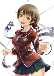 Rule 34 | 10s, 1girl, :d, bandages, blazer, bow, bowtie, brown eyes, brown hair, emblem, guilty crown, highres, index finger raised, looking at viewer, low twintails, menjou hare, open mouth, pleated skirt, redjuice, scan, school uniform, short twintails, skirt, smile, solo, twintails, white background