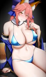 Rule 34 | 1girl, absurdres, animal ear fluff, animal ears, arind yudha, bare shoulders, bikini, blue bikini, blue bow, bow, breasts, cleavage, detached collar, detached sleeves, fate/extra, fate/grand order, fate (series), fox ears, fox girl, fox tail, hair between eyes, hair bow, highres, large breasts, long hair, looking at viewer, navel, pink hair, sidelocks, sitting, smile, solo, swimsuit, tail, tamamo (fate), tamamo no mae (fate/extra), thighs, twintails, wide sleeves, yellow eyes