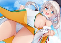 Rule 34 | 1girl, blue eyes, blue sky, blush, breasts, clenched hand, day, detached sleeves, dutch angle, from below, fundoshi, gluteal fold, hat, japanese clothes, kariginu, long hair, looking at viewer, momendoufu, mononobe no futo, nipples, open mouth, pom pom (clothes), ribbon-trimmed sleeves, ribbon trim, silver hair, sky, small breasts, smile, solo, tate eboshi, touhou, wide sleeves