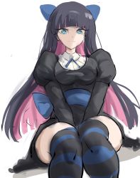 Rule 34 | 1girl, between legs, black dress, black hair, blue bow, blue eyes, blunt bangs, bow, breasts, collarbone, colored inner hair, commentary, dress, goth fashion, gothic lolita, hair bow, hand between legs, highres, lolita fashion, long hair, looking at viewer, medium breasts, multicolored hair, panty &amp; stocking with garterbelt, pink hair, rakeemspoon, simple background, sitting, sketch, smile, solo, stocking (psg), striped clothes, striped thighhighs, thick thighs, thighhighs, thighs, two-tone hair, underwear, white background