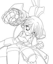 Rule 34 | 00s, 1girl, aoi sakuya, clenched hand, cowboy shot, dress, gauntlets, greyscale, knee pads, leg up, looking at viewer, lyrical nanoha, mahou shoujo lyrical nanoha, mahou shoujo lyrical nanoha strikers, monochrome, navel, revealing clothes, revolver knuckle, shorts, simple background, solo, standing, standing on one leg, subaru nakajima, thigh strap, white background