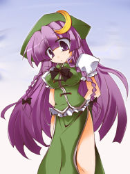Rule 34 | 1girl, arms behind back, beret, braid, china dress, chinese clothes, cosplay, crescent, crescent hair ornament, dress, female focus, hair ornament, hat, hong meiling, hong meiling (cosplay), long hair, patchouli knowledge, purple eyes, purple hair, shirogane (platinum), solo, touhou, twin braids, very long hair