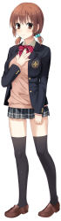 Rule 34 | 1girl, absurdres, black thighhighs, blazer, brown eyes, brown hair, fingernails, full body, hair bobbles, hair ornament, hand on own chest, highres, jacket, kiss bell, kojima saya, loafers, long sleeves, official art, open clothes, open jacket, pig tail, plaid, plaid skirt, pleated skirt, shibuya mitsuba, shoes, short hair, simple background, skirt, smile, solo, tail, thighhighs, twintails, yahiro (anhnw)