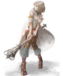 Rule 34 | 1girl, ashelia b&#039;nargin dalmasca, blonde hair, breasts, closed mouth, detached sleeves, final fantasy, final fantasy xii, full body, looking at viewer, miniskirt, pr (puru), robe, short hair, simple background, skirt, small breasts, solo, staff, thighhighs, weapon, white background, white mage (final fantasy)