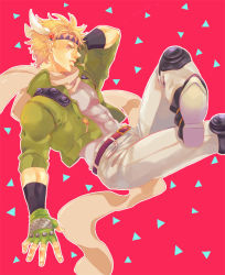 Rule 34 | 1boy, bad id, bad pixiv id, blonde hair, caesar anthonio zeppeli, facial mark, feather hair ornament, feathers, fingerless gloves, gloves, green eyes, green jacket, feather hair ornament, headband, jacket, jojo no kimyou na bouken, male focus, nico2gn, scarf, solo