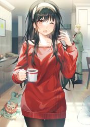 Rule 34 | 1boy, 2girls, adjusting clothes, adjusting necktie, anya (spy x family), bare shoulders, black hair, blonde hair, blush, brown legwear, chair, child, coffee mug, collarbone, craytm, cup, dressing, drink, earrings, faceless, faceless male, formal, headband, highres, holding, holding cup, indoors, jewelry, lapels, long hair, long sleeves, lying, mug, multiple girls, necktie, nose bubble, notched lapels, off shoulder, on back, on floor, one eye closed, open mouth, painting (object), pajamas, pantyhose, red eyes, red necktie, red sweater, short hair, sleeping, spy x family, suit, sunlight, sweater, twilight (spy x family), yawning, yor briar
