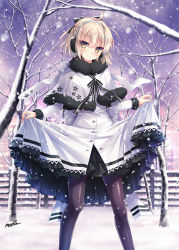 Rule 34 | 1girl, ahoge, bare tree, black pantyhose, blonde hair, blush, capelet, commentary request, dress, earmuffs, fate/grand order, fate (series), ikegami akane, long sleeves, looking at viewer, okita souji (fate), okita souji (koha-ace), outdoors, pantyhose, ribbon, short hair, signature, skirt hold, smile, snow, snowing, solo, standing, tree, winter, yellow eyes