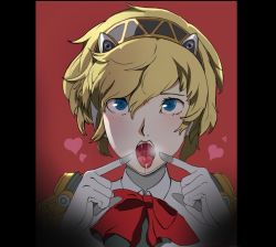 Rule 34 | aegis (persona), android, black border, blonde hair, blue eyes, border, bow, bowtie, drooling, hairband, heart, open mouth, oral invitation, persona, persona 3, pointing, red background, robot ears, sexually suggestive, short hair, sunbeam (artist), tongue, tongue out, upper body
