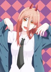 Rule 34 | 1girl, black necktie, blue jacket, breasts, chainsaw man, checkered background, collared shirt, commentary request, cross-shaped pupils, demon girl, demon horns, eyelashes, hair between eyes, hands up, highres, horns, jacket, kureha jhsh, long hair, long sleeves, looking at viewer, necktie, open clothes, open jacket, open mouth, pink background, pink hair, power (chainsaw man), purple background, red horns, sharp teeth, shirt, small breasts, solo, symbol-shaped pupils, teeth, two-tone background, upper body, upper teeth only, white shirt
