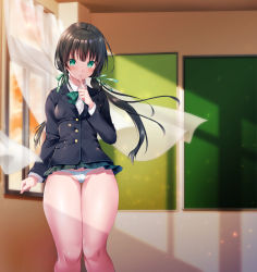 Rule 34 | 1girl, arm at side, black hair, black jacket, blazer, blush, bow, bowtie, breasts, buttons, cameltoe, clothes lift, cloud, cloudy sky, collared shirt, commentary request, curtains, dress shirt, finger to mouth, floating hair, from behind, gluteal fold, green eyes, green neckwear, green ribbon, hair ribbon, hand up, highres, index finger raised, jacket, kneepits, legs, long hair, long sleeves, looking at viewer, low twintails, lower body, microskirt, miniskirt, multiple views, original, panties, pantyshot, pleated skirt, pocket, ribbon, school uniform, shiny skin, shirt, shoes, shushing, skindentation, skirt, skirt lift, sky, socks, standing, suzuno, thighs, thong, twintails, underwear, upskirt, uwabaki, waist down, white panties, white shirt, white socks, wind, wind lift, wing collar
