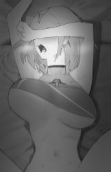 Rule 34 | 1girl, bare shoulders, bed, breasts, breasts apart, greyscale, highres, hood (james x), large breasts, lying, monochrome, navel, on back, open mouth, out-of-frame censoring, pyra (xenoblade), short hair, solo, spread legs, swept bangs, tiara, unaligned breasts, xenoblade chronicles (series), xenoblade chronicles 2