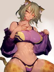 Rule 34 | 1girl, abs, animal ears, ass, back, bikini, breasts, dark-skinned female, dark skin, fang, fumio (rsqkr), green hair, highres, large breasts, leopard ears, leopard girl, leopard tail, looking at viewer, narrow waist, off shoulder, one eye closed, original, purple bikini, scar, scar across eye, short hair, sitting, sports bikini, sports bra, sports panties, sportswear, swimsuit, tail, thick thighs, thighs, toned, top-down bottom-up