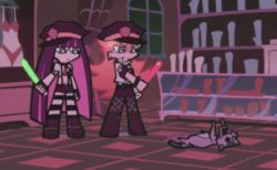 Rule 34 | 10s, 2girls, animated, animated gif, blonde hair, blue hair, cat, dildo, fingerless gloves, fishnet pantyhose, fishnets, ghost (psg), gloves, hat, lowres, midriff, miniskirt, multicolored hair, multiple girls, panty &amp; stocking with garterbelt, panty (psg), pantyhose, sex toy, shorts, skirt, stocking (psg), undead, zombie