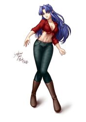 Rule 34 | absurdres, alternate costume, black pants, blue eyes, blue hair, boots, braid, breasts, brown footwear, cleavage, collarbone, commentary request, fate/grand order, fate (series), highres, long hair, looking at viewer, medea (fate), medium breasts, midriff, navel, pants, pointy ears, red shirt, shirt, side braid, signature, simple background, smile, tied shirt, white background, xzjslsw