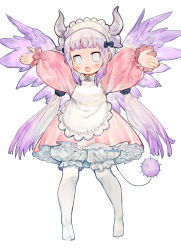 Rule 34 | 1girl, absurdres, apron, aqua eyes, black bow, blunt bangs, blush, bow, collared dress, commentary request, dragon girl, dress, feathered wings, frilled skirt, frills, full body, hair bow, headdress, highres, horns, kanna kamui, kobayashi-san chi no maidragon, long hair, long sleeves, looking at viewer, no shoes, open mouth, outstretched arms, pantyhose, pink dress, rosette (yankaixuan), simple background, skirt, slit pupils, solo, spread arms, standing, tail, very long hair, white background, white pantyhose, wings