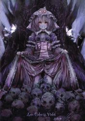 Rule 34 | 1girl, absurdres, bug, butterfly, childofa, clothes grab, clothes lift, dark, dress, dress grab, dress lift, english text, frills, grin, hat, highres, insect, mob cap, pink hair, red eyes, saigyouji yuyuko, scan, short hair, skull, smile, smirk, solo, touhou, triangular headpiece, veil