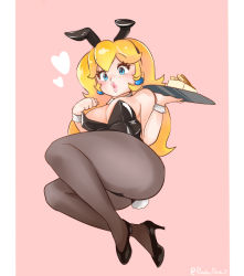 Rule 34 | 1girl, absurdres, animal ears, artist name, bare shoulders, black footwear, black leotard, black pantyhose, blonde hair, blue eyes, blush, breasts, cleavage, clenched hand, detached collar, earrings, eyelashes, fake animal ears, fake tail, food request, full body, hand up, heart, high heels, highres, holding, holding tray, jewelry, large breasts, leotard, lips, long hair, mario (series), nintendo, pandaischub, pantyhose, parted lips, pink background, pink lips, playboy bunny, princess peach, puckered lips, rabbit ears, rabbit tail, solo, strapless, strapless leotard, super mario bros. 1, tail, thick thighs, thighs, tray, twitter username, wrist cuffs