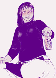 1girl agawa_sensei_(strikeout_pitch) baseball_uniform beer_can belt black_shirt blush breasts can choppy_bangs commentary_request crossed_legs drink_can drunk ear_blush holding holding_can limited_palette long_hair long_sleeves looking_up mature_female muffin_top pants parted_lips plump sanpaku shirt shirt_tucked_in sidelocks simple_background sitting small_breasts smile socks_over_pants solo sportswear strikeout_pitch t-shirt tomotsuka_haruomi white_pants