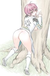 Rule 34 | 1girl, against tree, ahoge, asbel lhant, ass, bent over, blue eyes, blush, bottomless, breasts, breasts out, coat, genderswap, genderswap (mtf), grass, heterochromia, high heels, large breasts, long sleeves, looking at viewer, naked coat, nipples, nose blush, open mouth, red eyes, red hair, short hair, solo, sweat, tales of (series), tales of graces, tears, tree, usagi nagomu, white background, white footwear