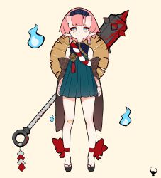 Rule 34 | 1girl, absurdres, artist logo, bandages, bandaid, bandaid on knee, bandaid on leg, bare shoulders, beige background, blood, bloody bandages, bloody weapon, chocpocalypse, closed mouth, club, club (weapon), earrings, eyeshadow, hairband, highres, hitodama, horns, jewelry, kanabou, looking at viewer, makeup, nail polish, off shoulder, oni, oni horns, original, pink hair, pointy ears, red eyeshadow, red nails, short eyebrows, short hair, simple background, solo, spiked club, spikes, standing, talisman, toenails, weapon, weapon on back, yellow eyes