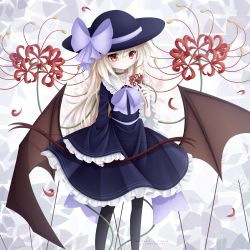 Rule 34 | 1girl, absurdres, artist. .luna, artist name, bat wings, black pantyhose, blonde hair, blue shirt, blue skirt, bow, bow (weapon), bowtie, closed mouth, collared shirt, dated, feet out of frame, flower, frilled shirt collar, frilled skirt, frilled sleeves, frills, hair between eyes, hat, hat ribbon, highres, holding, holding bow (weapon), holding flower, holding weapon, long hair, original, pantyhose, purple bow, purple bowtie, purple ribbon, red eyes, ribbon, shirt, skirt, skirt set, smile, solo, spider lily, standing, vampire, weapon, wide sleeves, wings