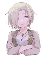 Rule 34 | 1girl, arms under breasts, blonde hair, brown jacket, collarbone, cropped torso, crossed arms, earrings, highres, jacket, jewelry, looking at viewer, love live!, love live! nijigasaki high school idol club, mia taylor, necklace, notyu maru, parted lips, purple eyes, shirt, short hair, solo, vroom vroom (love live!), white background, white shirt