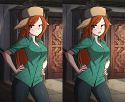Rule 34 | 1girl, absurdres, animification, breasts, commentary, english commentary, flannel, freckles, fur hat, gravity falls, green eyes, hands on own hips, hat, highres, indoors, long hair, looking at viewer, medium breasts, open mouth, patrickdja, red hair, shirt, sleeves rolled up, standing, ushanka, wendy corduroy