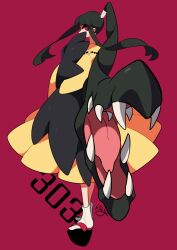 Rule 34 | 1girl, black hair, covered mouth, covering own mouth, creatures (company), dress, game freak, gen 3 pokemon, humanization, long dress, long hair, long sleeves, magatama, mawile, nintendo, personification, pokemon, ponytail, red eyes, sameyama jiro, sandals, sidelocks, signature, simple background, socks, thick eyelashes