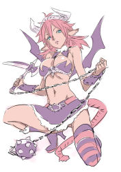 Rule 34 | 1girl, animal ears, antenna hair, aqua eyes, bandeau, bare shoulders, bat wings, belt, boots, breasts, bursting breasts, chain, cleavage, demon girl, detached collar, flat color, frills, full body, green eyes, groin, hair between eyes, hairband, head tilt, holding, holding weapon, horns, kusarigama, large breasts, looking at viewer, midriff, miniskirt, navel, nishieda, parted lips, pink hair, pink thighhighs, purple thighhighs, short hair, sickle, simple background, single thighhigh, sketch, skirt, skull, solo, spike ball, spikes, striped clothes, striped thighhighs, tail, thighhighs, vambraces, weapon, white background, wings