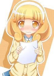 Rule 34 | 10s, 1girl, blonde hair, blush, cardigan, hairband, highres, kise yayoi, necktie, paper, precure, school uniform, short hair, skirt, smile precure!, solo, white hairband, xenon (for achieve), yellow eyes