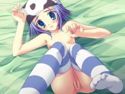 Rule 34 | amakase minatsu, blue eyes, blue hair, blush, breasts, da capo, da capo ii, embarrassed, game cg, hat, lying, nude, on back, pussy, small breasts, thighhighs, uncensored
