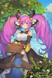 Rule 34 | 1girl, animal, apple, artist name, bare shoulders, bell, black bow, black sleeves, blue dress, blue sky, bow, breasts, bug, butterfly, cleo (dragalia lost), cloud, cloudy sky, collarbone, commentary, day, detached sleeves, dragalia lost, dress, english commentary, food, fruit, hair bell, hair between eyes, hair ornament, hentaki, highres, holding, insect, jingle bell, large breasts, long hair, long sleeves, o-ring, outdoors, purple eyes, purple hair, red apple, sidelocks, sky, sleeves past wrists, solo, strapless, strapless dress, twintails, very long hair, watermark, web address