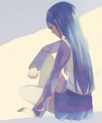 Rule 34 | 00s, 1girl, blue hair, blue skirt, from behind, kuga natsuki, long hair, long sleeves, miniskirt, my-hime, pleated skirt, serious, simple background, sitting, skirt, solo, sou (tuhut), thighhighs, white thighhighs, zettai ryouiki