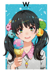Rule 34 | 1girl, black hair, blue eyes, food, fruit, hair ornament, hairclip, heart, highres, ice cream, ice cream cone, jewelry, lam (ramdayo), long hair, open mouth, original, pendant, smile, solo, strawberry, twintails