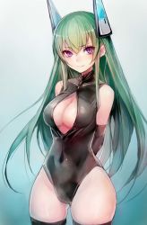 Rule 34 | 1girl, black thighhighs, breasts, cleavage, cleavage cutout, clothing cutout, elbow gloves, front zipper swimsuit, gloves, green hair, headgear, highres, long hair, meme attire, menou kaname (taishi), one-piece swimsuit, original, skin tight, solo, swimsuit, taishi (picchiridou), thighhighs