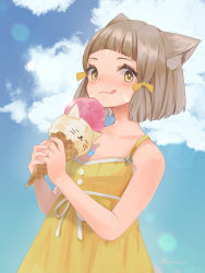 Rule 34 | 1girl, animal ears, blunt bangs, cat ears, chest jewel, dress swimsuit, food, highres, ice cream, nia (fancy sundress) (xenoblade), nia (xenoblade), one-piece swimsuit, remaco, ribbed swimsuit, short hair, solo, swimsuit, xenoblade chronicles (series), xenoblade chronicles 2, yellow eyes, yellow one-piece swimsuit