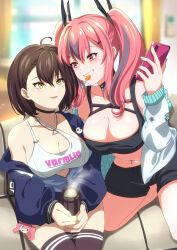 Rule 34 | 2girls, ahoge, azur lane, baltimore (azur lane), bare shoulders, black choker, black shorts, black tank top, black thighhighs, blue jacket, blurry, blurry background, braid, breasts, bremerton (azur lane), brown hair, candy, cellphone, charm (object), choker, cleavage, clothes writing, collarbone, commentary request, couch, cowboy shot, crop top, cup, food, food in mouth, french braid, grey hair, grin, hair between eyes, hair intakes, hair ornament, hairclip, highres, holding, holding cup, holding phone, indoors, jacket, large breasts, lollipop, long hair, looking at another, mole, mole on breast, multicolored hair, multiple girls, murasaki tsutsuji, navel, navel piercing, off shoulder, official alternate costume, on couch, open clothes, open jacket, phone, piercing, pink eyes, pink hair, shadow, short hair, short shorts, shorts, sidelocks, single bare shoulder, sitting, skindentation, smartphone, smile, sports bra, steam, streaked hair, tank top, tea, teeth, thighhighs, twintails, two-tone hair, wariza, white jacket, white sports bra, yellow eyes, zipper pull tab