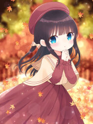 Rule 34 | 1girl, absurdres, autumn, autumn leaves, beret, black hair, blue eyes, blunt bangs, blurry, blurry background, blush, bokeh, bow, braid, capelet, depth of field, dress, falling leaves, frilled sleeves, frills, hair bow, hat, highres, leaf, long hair, long sleeves, maple leaf, nekomura yuyuko, original, own hands together, parted lips, sailor collar, solo, tree