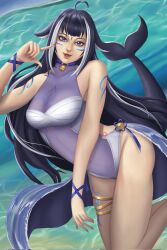 Rule 34 | 1girl, ahoge, animal ears, belt collar, black hair, blue collar, body markings, breasts, cetacean tail, cleavage, collar, fangs, fins, fish tail, heart, heart ahoge, highres, indie virtual youtuber, large breasts, long hair, looking at viewer, multicolored hair, nail polish, one-piece swimsuit, open mouth, orca girl, paid reward available, purple eyes, red nails, see-through, see-through cleavage, see-through swimsuit, shylily, shylily (3rd costume), streaked hair, sweet3wolf, swimsuit, tail, thigh strap, virtual youtuber, water, white hair, white one-piece swimsuit