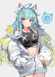 Rule 34 | 1girl, ahoge, animal ear fluff, animal ears, bare shoulders, blue eyes, blue hair, blush, breasts, closed mouth, collarbone, commentary request, copyright request, crop top, gradient hair, green hair, grey background, hair ornament, hairclip, hands in pockets, highres, hood, hood down, hooded jacket, jacket, lanmewko, long sleeves, medium breasts, multicolored hair, navel, off shoulder, open clothes, open jacket, original, puffy long sleeves, puffy sleeves, silver (chenwen), simple background, smile, solo, star (symbol), star hair ornament, white jacket