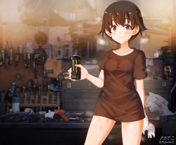 Rule 34 | 1girl, black shirt, blush, breasts, brown eyes, brown hair, can, closed mouth, collarbone, covered navel, girls und panzer, gloves, highres, holding, holding can, indoors, looking at viewer, megadeko, monster energy, nakajima (girls und panzer), photo background, shiny skin, shirt, short hair, small breasts, smile, solo, standing, sweat, white gloves, workshop