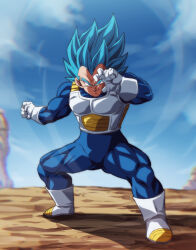 Rule 34 | 1boy, blue bodysuit, blue eyes, blue hair, blue sky, bodysuit, boots, closed mouth, cloud, day, dragon ball, dragon ball super, fighting stance, full body, gloves, looking at viewer, male focus, outdoors, rom (20), saiyan armor, sky, smile, solo, standing, super saiyan, super saiyan blue, vegeta, white footwear, white gloves