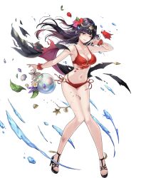 Rule 34 | 1girl, alternate costume, bare shoulders, bikini, black eyes, black hair, bowl, breasts, cape, cleavage, collarbone, female focus, fire emblem, fire emblem awakening, fire emblem heroes, flower, full body, hair flower, hair ornament, hand up, hibiscus, high heel sandals, high heels, highres, jewelry, leaf, long hair, matching hair/eyes, medium breasts, multi-strapped bikini bottom, nail polish, navel, nintendo, non-web source, o-ring, o-ring bikini, official alternate costume, official art, okuma mai, one eye closed, open shoes, parted lips, petals, red bikini, scar, scar on leg, seashell, shell, side-tie bikini bottom, solo, starfish, stomach, strappy heels, swimsuit, tharja (fire emblem), tharja (summer) (fire emblem), thigh strap, thighs, tiara, toeless footwear, toenails, toes, torn cape, torn clothes, transparent background, water, water drop, wrist cuffs