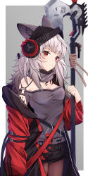 Rule 34 | 1girl, absurdres, animal ear fluff, animal ears, arknights, black jacket, black skirt, breasts, brown pantyhose, closed mouth, commentary request, frostleaf (arknights), grey background, grey hair, grey tank top, headphones, highres, holding, holding weapon, implied extra ears, jacket, long hair, material growth, off shoulder, open clothes, open jacket, oripathy lesion (arknights), pantyhose, ponta (velmar), red eyes, skirt, small breasts, solo, strap slip, tank top, two-tone background, weapon, white background